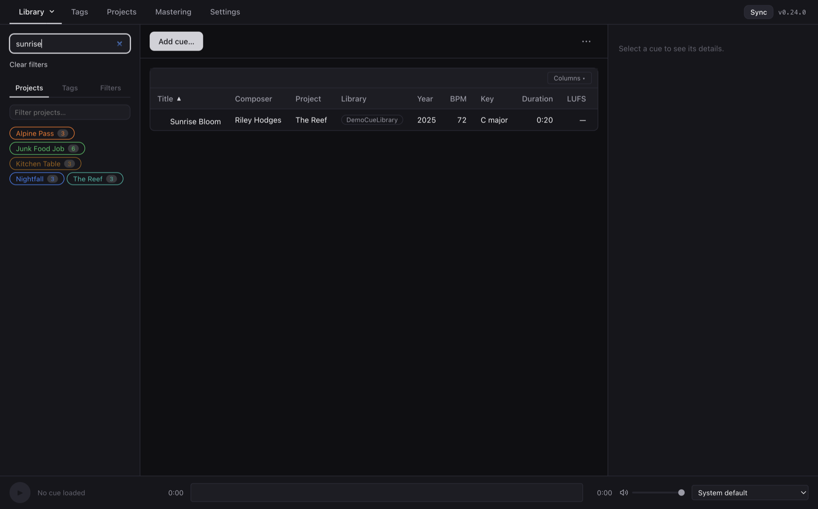Real-time search narrowing the cue library