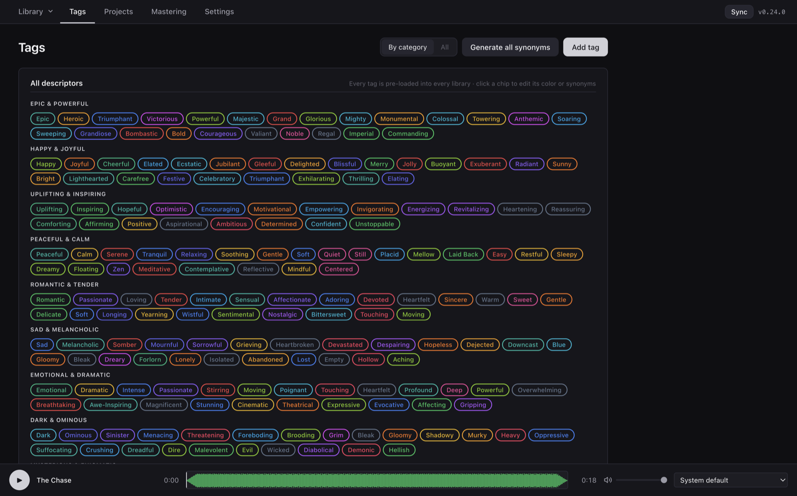 Tag browser grouped into musical categories