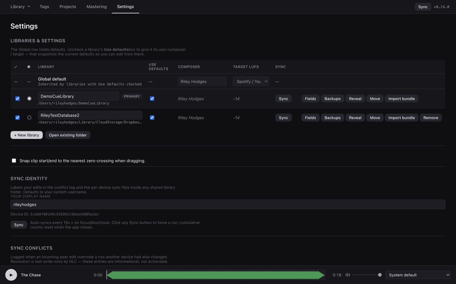 Settings with multiple libraries and sync options