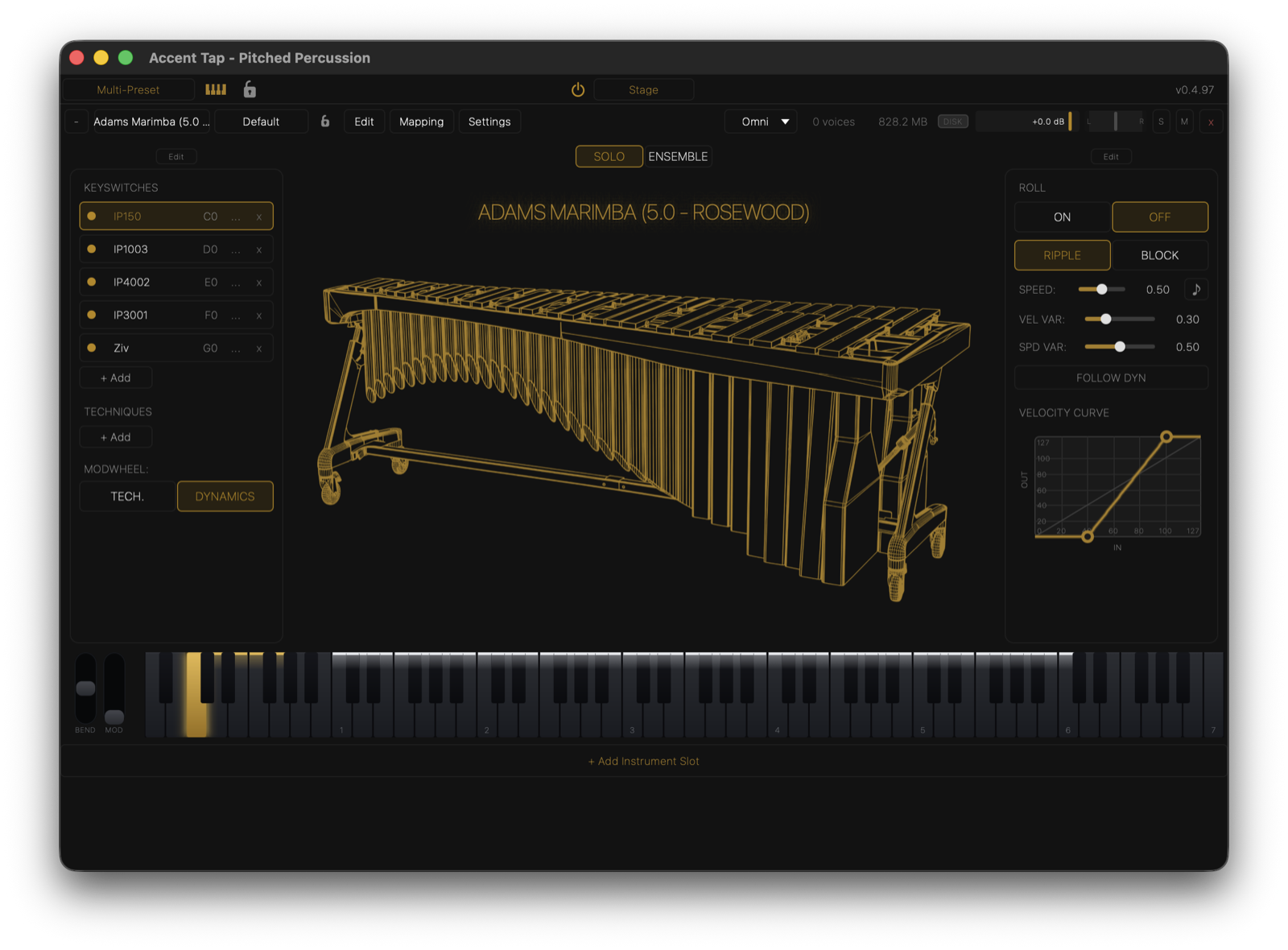 Main page with keyswitches, roll and motor controls, and velocity curve