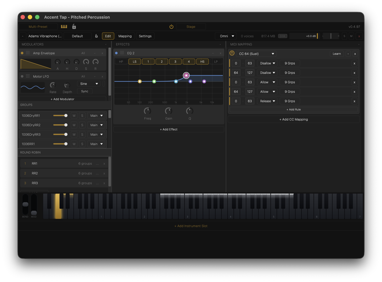 Edit tab with modulators, effects, round robin, and MIDI mapping