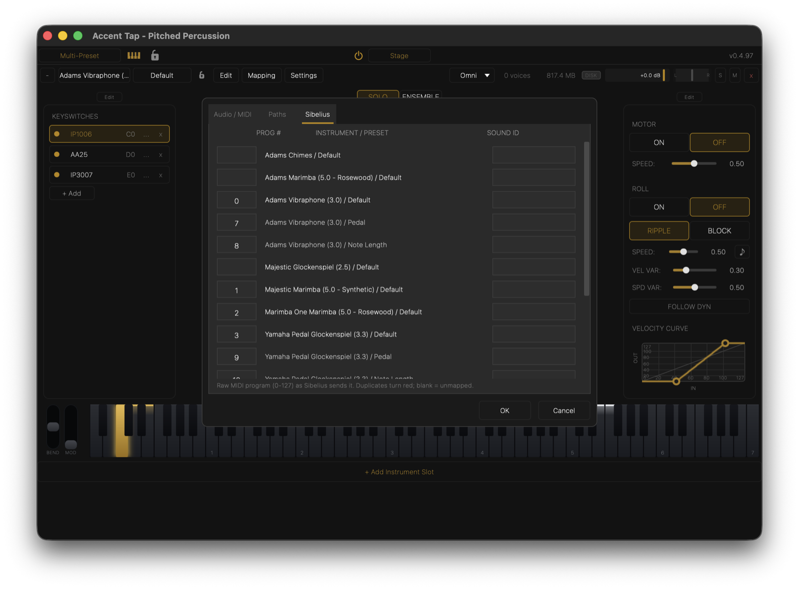 Sibelius auto-load settings mapping MIDI programs to instruments