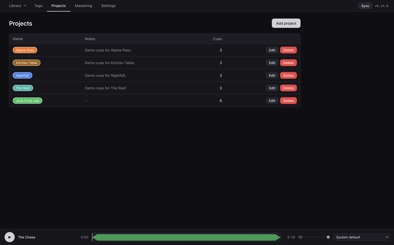 Projects tab