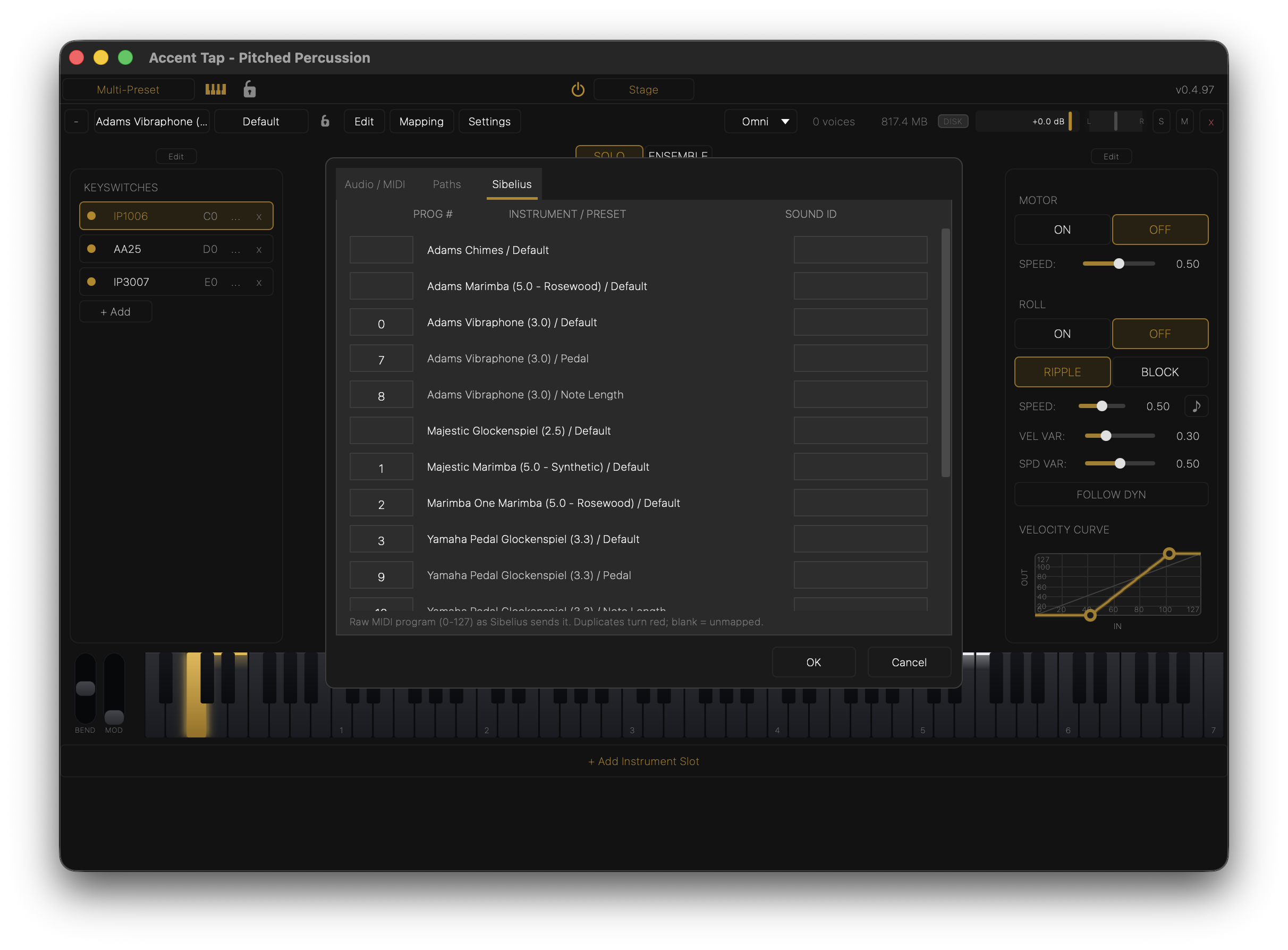 Settings — Sibelius tab